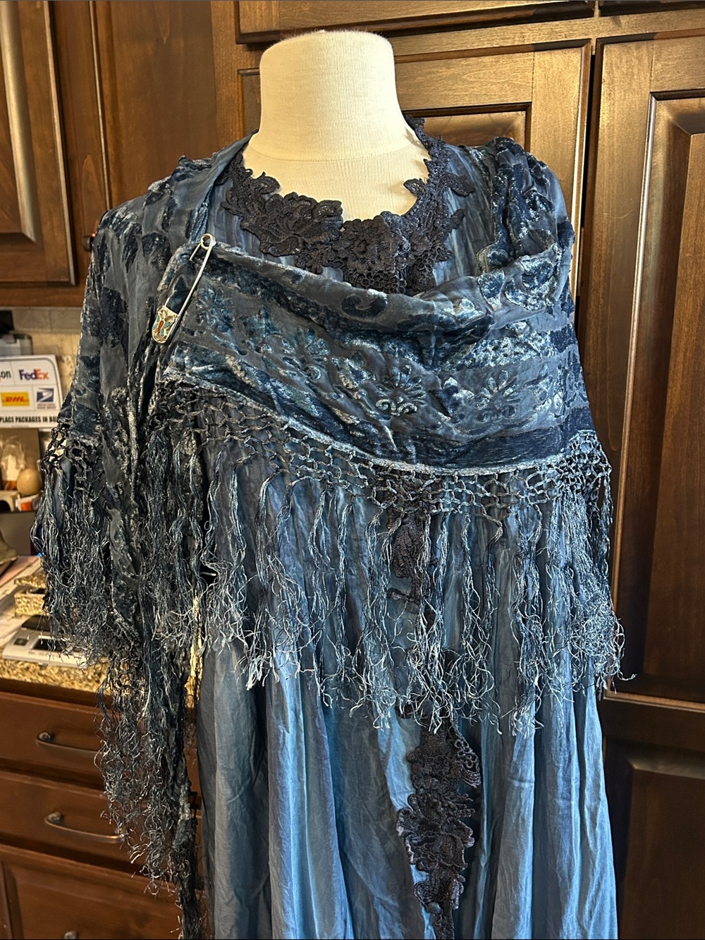 Pat Dahnke Burnout Fringed  Blue Shawl Discontinued